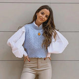 Fashion Twist Blue Cropped Cable-Knit Sweater Vest Women Vintage O-Neck Female Waistcoat Tops Pull Sans Manche Knitted