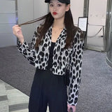 Women Leopard Chiffon Female Turn-down Collar Sexy Streetwear Fashion Casual Crop Top Short Sleeve Popular All-match