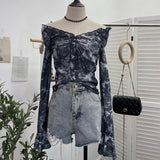 Vintage Print V-Neck Horn Sleeve Top Wooden Ear Lace With Short-Sleeved Long-Sleeved T-Shirt