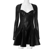 Black Long Sleeve Mesh PU Leather Mini Dress- Outfit