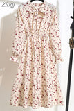 Floral Print Women Dress Female Autumn Long Sleeve Vintage Chiffon Bow Tie Neck Office Lady Shirt Dress Summer