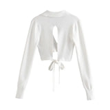 Sexy Fashion Back Open Bow Tie V-Neck Cropped Knitted Blouses Female Long Sleeve Short Shirts Girls Chic