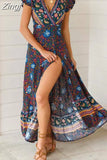 Maxi Dress Women 2023 Short Sleeve Casual V Neck Floral Print Boho Beach Long Dress S~5XL Sexy Split Party