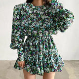 Summer Floral Print Vintage Elegant Dress Women Korean Style Sexy Chic Office Lady Slim Long Sleeve Women Dresses