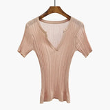 See Through High Quality Plain T Shirt Women Cotton Elastic Basic Short Sleeve Sexy V-Neck Slim Korean Style Ladies
