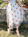 Skirt Women Vintage Embroidery Elastic High Waist A-Line Mesh Pleated Skirt Female Midi