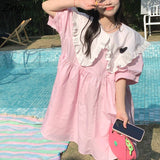 Sleeve Dress Women Peter Pan Collar Patchwork Sweet Girls Fashion A-line Baggy Casual Lovely Preppy Japanese Style Chic