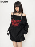 Gothic Sexy Off Shoulder Knitted Jumpers Grunge Jacquard Sweater Fashion Knitwear Y2k Aesthetic Slash Neck