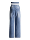 Zingj Three-Dimensional Flower Splicing Casual Pants 2024 Summer New Temperament Wash Water Light Blue Straight Tube Jeans
