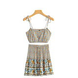 Queens Fashion Women Floral Print Strap Sleeveless Tops Bohemian Drawstring Mini Skirts 2 Pieces Rayon Cotton Boho