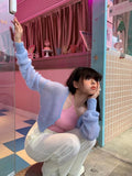 Korean Candy Colors Cashmere Mohair Cardigan Women Purple Crop Tops Autumn Deep V-neck Knitted Sweaters Fashion