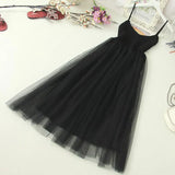 V Neck Spaghetti Strap Long Tulle Dress Women High Waist Knitting Hollow Out Slim Dress Female Sweet Fairy
