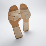 ZARZ Sandals Women's Flat Bottom 2022 Summer New Leather Cross Decoration Flat-Heeled Sandals Beige Lazy Slippers Women