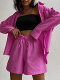 Casual Shorts Tracksuit Long Sleeve Womens Shirts And Hot Waist Shorts Two Pieces Cotton Linen Suits Ladies