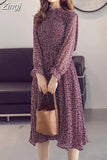 Women Dress 2023 Spring Autumn Floral Print Empire Midi Pleated Chiffon Dresses Flare Sleeve Stand Collar Vestidos 8634