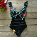 Sexy One Piece Swimsuit Female Swimwear Women Print Floral Bandage Shoulder Ruffle Brazilian Backless