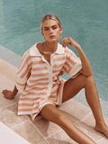 Women Colorful Stripe Knit Hollow Out Shorts Sets Elegant Lapel Short Sleeve Button Shirt Suits 2024 Summer Lady Holiday