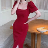 Midi Dress For Women Elegant Bodycon Lady Casual Solid Clothing Femme Fashion Party Clothes