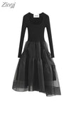 Women Knit Patchwork Crew Neck Black Dress Baggy Long Sleeve Pleated Lady Temperament Mid Long Frocks 2023 Autumn Winter