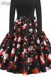 Christmas Dresses Women 50S 60S Vintage Robe Swing Pinup Elegant Party Dress Long Sleeve Casual Print
