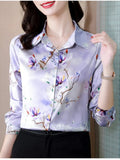Women's Shirt Long Sleeve Blouse Fashion 2023 Spring New Womens Tops Basic Floral Shirts for Women OL Satin Female
