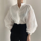 Puff Sleeve White Shirts Blouse Women New Spring Single-breasted Shirt Tops See Through Sexy Loose Blouse Female