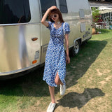 Women Short Sleeve Midi Maxi Retro Printing Side-slit Sexy Skinny Elegant Chiffon Holiday Chic Trendy Tunic French