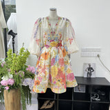 Small Fashion Summer Silk Shemp Print Deep V Collar Lantern Sleeve Dress Holiday Wind Short Skirt