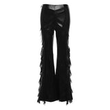 Summer High-Rise Street Fashion Hottie Mesh Splicing Design PU Leather Trumpet Trousers