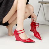 Zingj Spring / Summer Runway Show New Wedge Pointed Red High-Heeled Shoes Female Patent Leather Sexy Baotou Personality Sandals Women-Outfit
