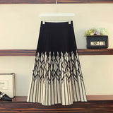 2021 Women Knitted Pleated Skirt Autumn Winter Color Patch High Waist Women Long Skirt Female Warm Ladies Maxi Midi