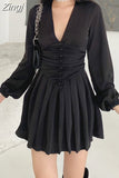 V Neck Chic Design Long Sleeve Pleated Black Dress Female Fashion Corset Buttons Autumn Dress Mini Ruched Korean