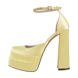 Onlymaker Square Toe Sandals Platform Thick High Heels Solid Mixed Colors Crystal Buckle Stain Sandals Graceful Women