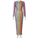 Women Fashion Autumn Long Sleeve Gradient See Through Bodycon Printed Green Long Dress 2021 Fall Clothes Wholesale