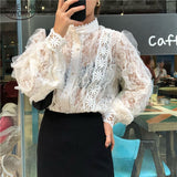 Lace Blouses Stand Collar Tops See Through Shirt Women Blouse Korean Clothing Pearl Buckle Loose Long Sleeve Shirt