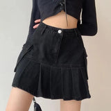 Women Folds Denim Mini Sexy Kawaii Streetwear Korean Style Chic Casual A-Line Vintage Fashionable Harajuku Sweet