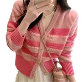 Zingj New Autumn Stripe V-Neck Knit Cardigan Jacket Korean Chic Short Jacket Design Sense Of Minority Women-Outfit