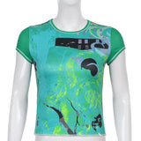 Retro Tie Dye Graphic Print T-shirt E-girl Gothic Women Short Sleeve Slim Fit Crop Top Female Summer Basic Sweats