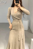 Women Knitted Bodycon Pencil Dress New 2023 Autumn Winter Solid Vestidos Long Sleeve V Neck Slim Lady Chic Korean