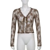 Women Sexy See Through Cardigans Y2K Long Sleeve Lace Mesh Lace Vintage Lace Up Crop Tops Streetwear
