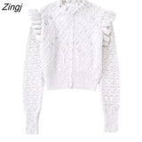 Women Sweet Agaric Lace Ruffles Diamond Beading Short Knitting Sweater Female Chic Casual Slim Cardigan Coat Tops