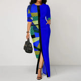 Summer New Elegant Printed Patchwork Pocket Slim Slit Long Dress Women Short Sleeve Evening Party Robe Dresses