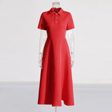 French Simple Style Slim Dress 2025 New Metal Decoration Polo Collar Solid Color Long Dress