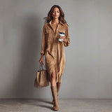 Round Collar Elegant Open-Fork Solid Dress Dress Woman In