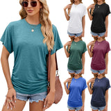 Zingj / Summer 2024 New Round Collar Pleated Solid Color Short-Sleeved Loose T-Shirt Top-Outfit