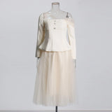Fashion Temperament Set Women's Spring 2025 New Net Yarn Stitching Design With Long-Sleeved Body Skirt