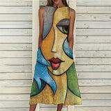 Print Sleeveless Dress Women Summer Casual Vintage Elegant Tank Loose Robe Beach Round Neck Maxi Dresses Vestidos