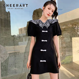 Butterfly Embroidered Collar Vintage Mini Dress Women Short Sleeve Summer Ladies Frog Button Black Dress 2021