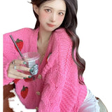 Strawberry Sweater Soft Waxy Cardigan Coat Autumn And Winter 2024 Loose Female V-Collar Coarse Wool Knitting