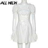 E girl Kawaii Off Shoulder Lace-up Waist White Dresses Cute Fashion Solid Puff Sleeve Ruffle A-line Mini Dress